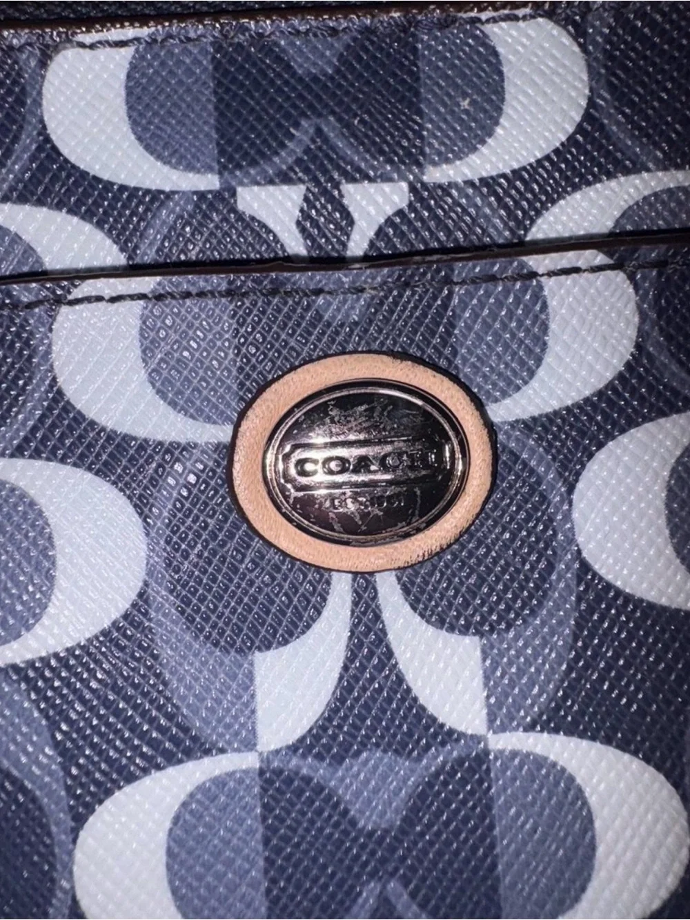 Coach Navy and White Signature Coin Purse with Tan Trim